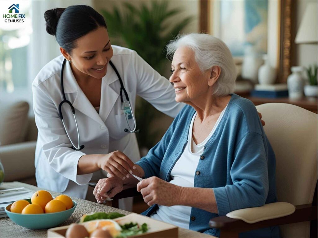 Caregiver helping senior woman with daily tasks in Los Angeles home