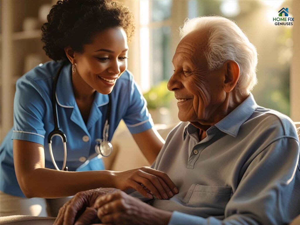 Professional in-home caregiver supporting elderly man in Los Angeles