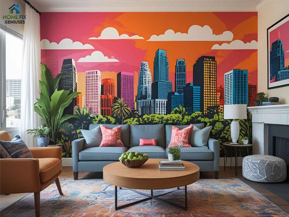 Custom mural in Los Angeles living room with vibrant city-inspired design