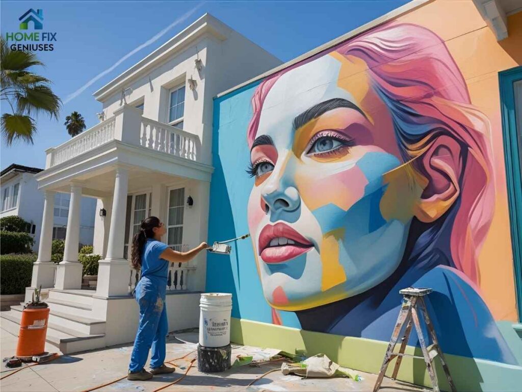 Enhancing Home Décor: Custom Mural Services in Los Angeles 2 Outdoor mural artist painting a Venice Beach home in Los Angeles