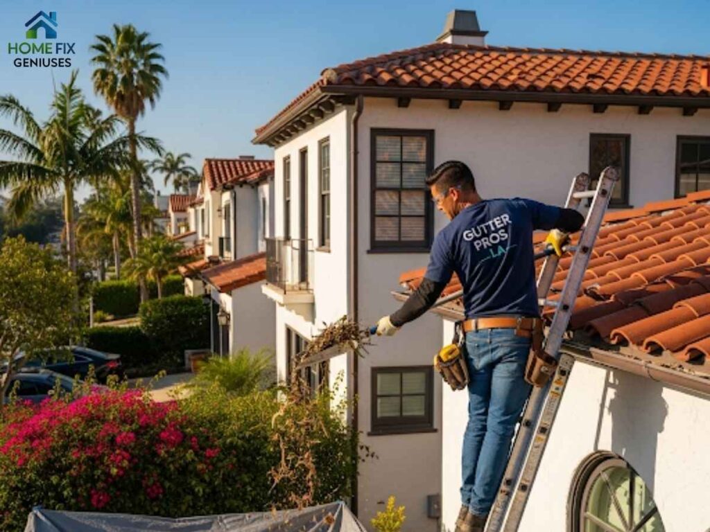Gutter Cleaning Frequency for Chicago’s Seasonal Debris in Los Angeles 1 Gutter cleaning professional removing seasonal debris in a Los Angeles residential neighborhood