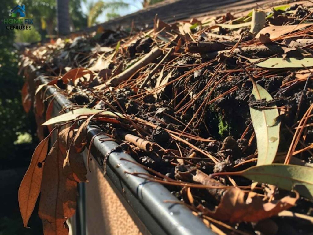 Gutter Cleaning Frequency for Chicago’s Seasonal Debris in Los Angeles 2 Clogged gutter filled with leaves and twigs in a Los Angeles home after seasonal debris buildup