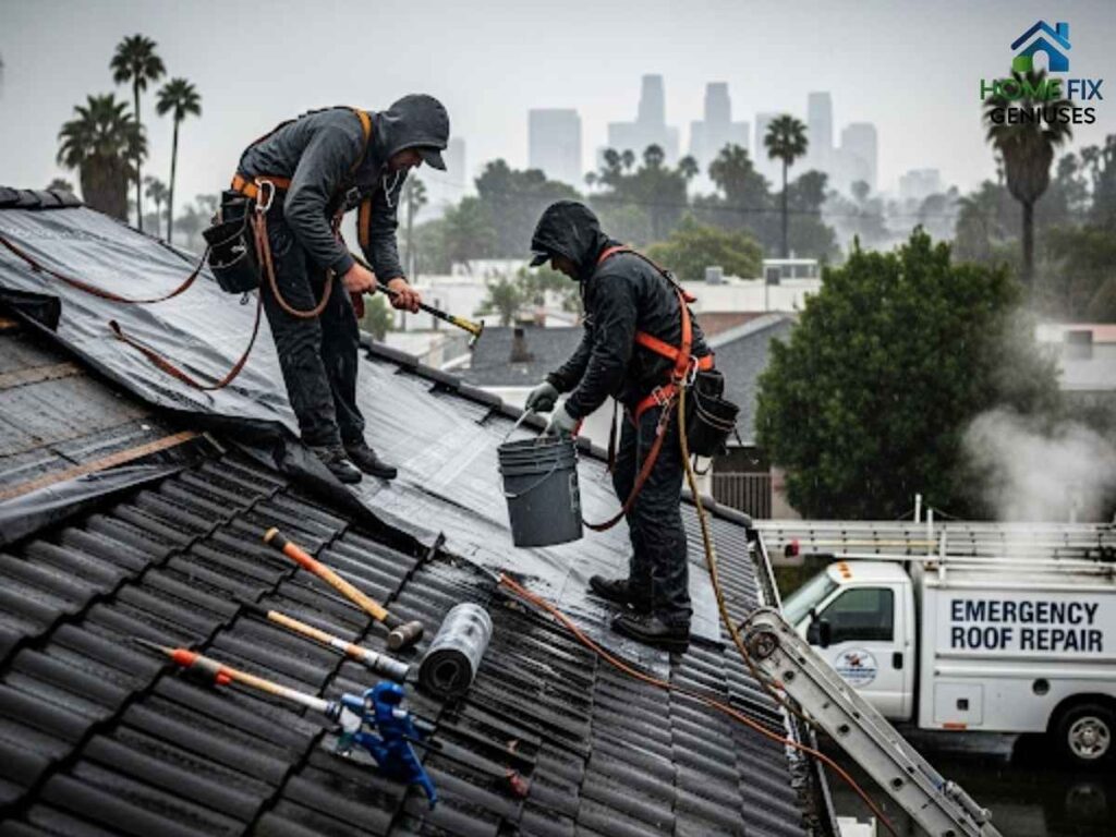 Emergency Roof Leak Fixes During San Diego’s Winter Rains—In Los Angeles 1 Emergency roof repair crew safely fixing leaks during winter rains in Los Angeles