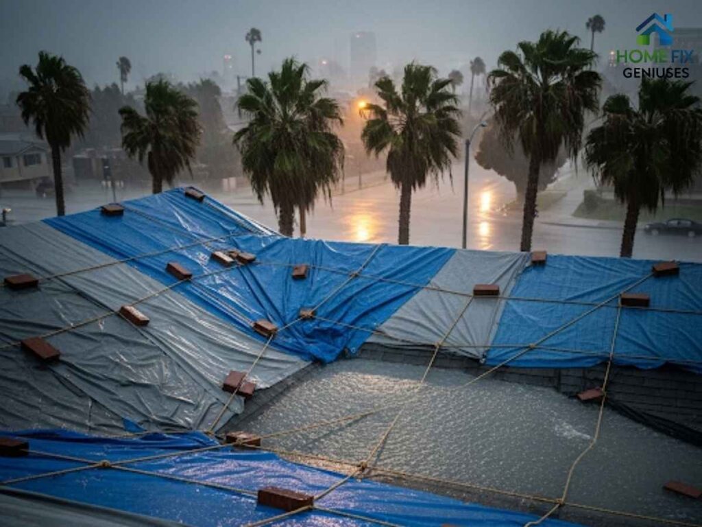 Emergency Roof Leak Fixes During San Diego’s Winter Rains—In Los Angeles 2 Tarps covering a leaking residential roof in Los Angeles during heavy winter rainstorm