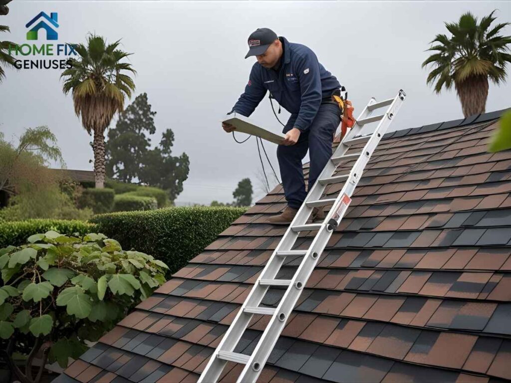 Winter Roof Inspections in Fig Garden: The Los Angeles Homeowner’s Guide 1 Roof inspection expert checks shingle roof in Fig Garden, Los Angeles before winter rain