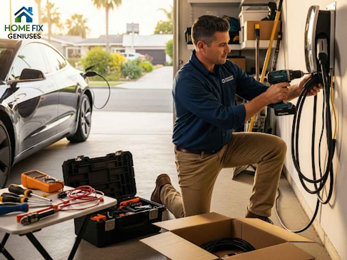 Electric car charging station installation process in a Los Angeles residential garage with technician