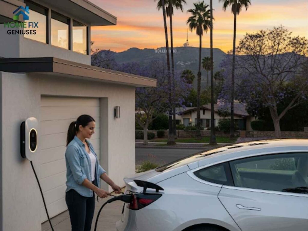Electric Car Charging Station Installation in Encinitas—Los Angeles Edition 2 Homeowner using a newly installed electric car charging station in Los Angeles with palm trees in background