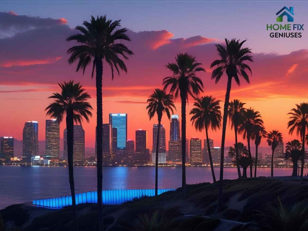Optimizing Energy-Efficient Lighting in Point Loma, Los Angeles 1 Modern LED lighting illuminates palm-lined streets at sunset in Point Loma, Los Angeles, showcasing energy-efficient solutions