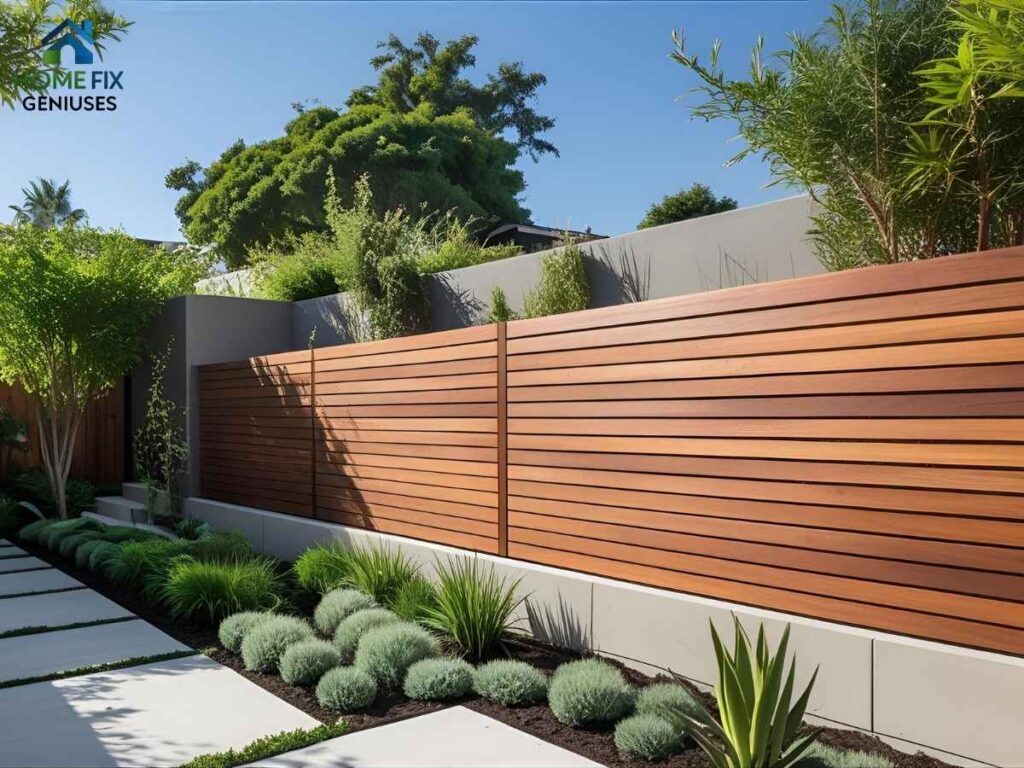 Modern horizontal wood privacy fence in Los Gatos Los Angeles backyard with lush sustainable landscaping