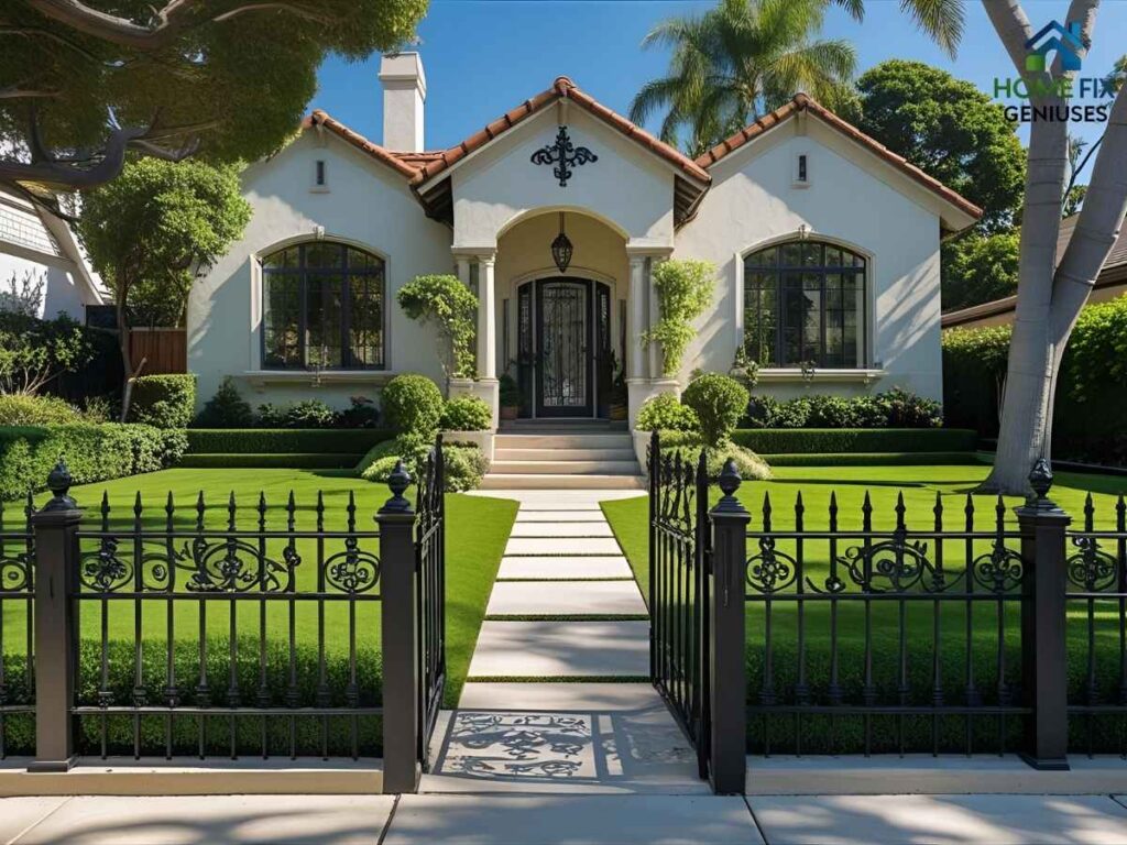 Classic wrought iron front yard fence with decorative scrollwork at Los Gatos home in Los Angeles