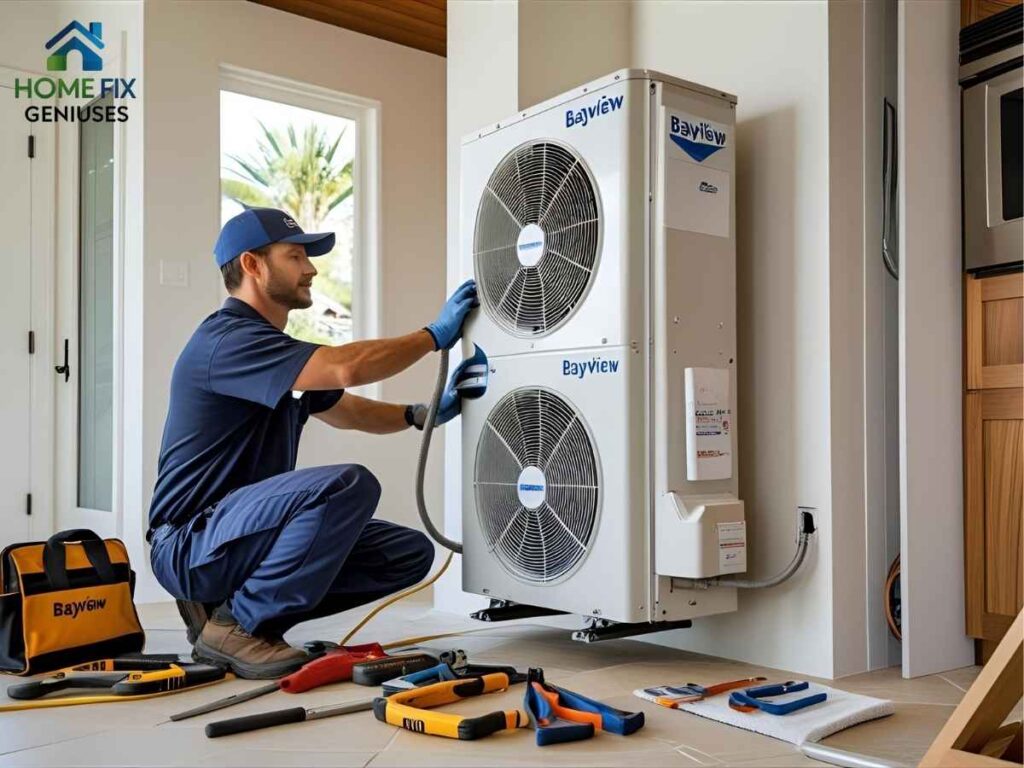 Beating the LA Heat with Bayview Ductless Mini-Splits 2 Technician installing Bayview ductless mini-split unit in Los Angeles residence
